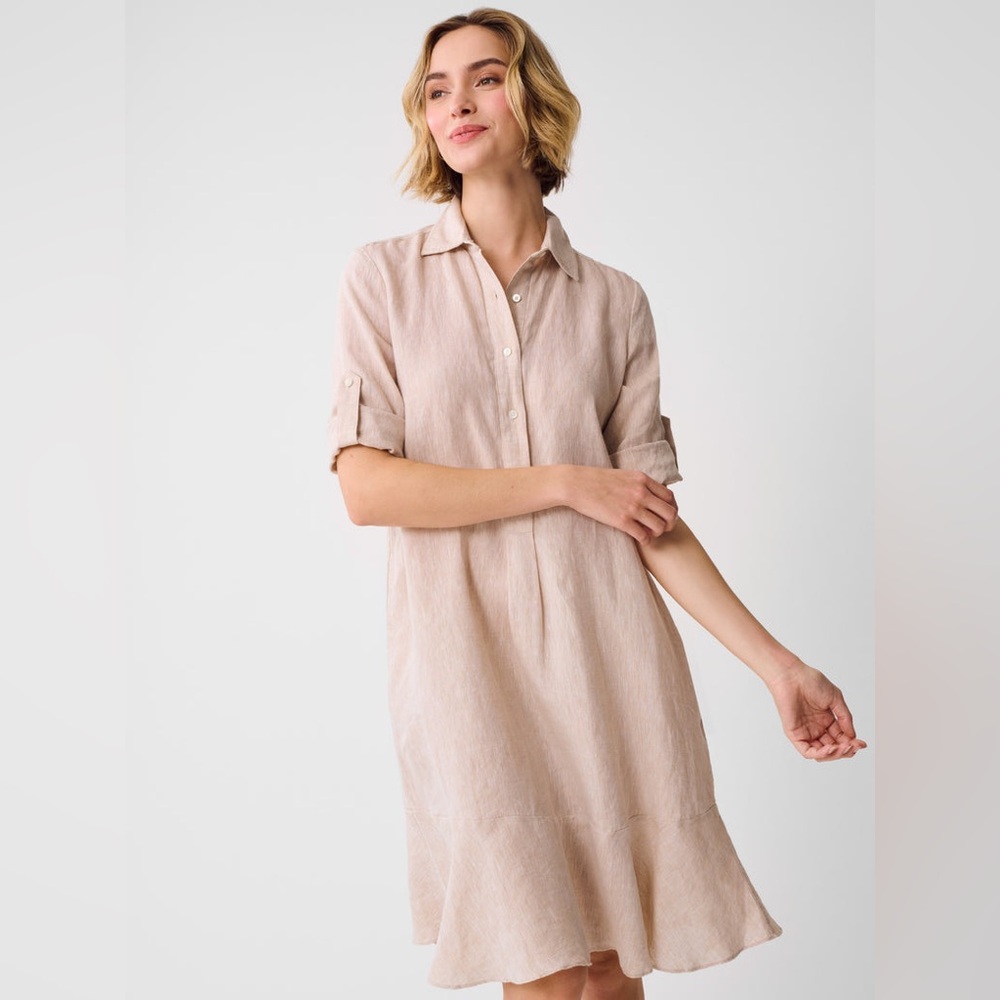 J. MCLAUGHLIN Wellesley Linen Khaki Shirt Dress w Ruffle Hem Roll Short Sleeves